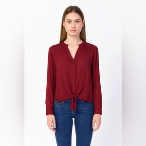 Anthropologie Cloth & Stone Button Front Tie Burgundy Long Sleeve Blouse Top